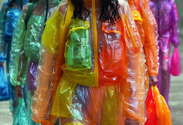 People wearing multicoloured plastic clothing.
