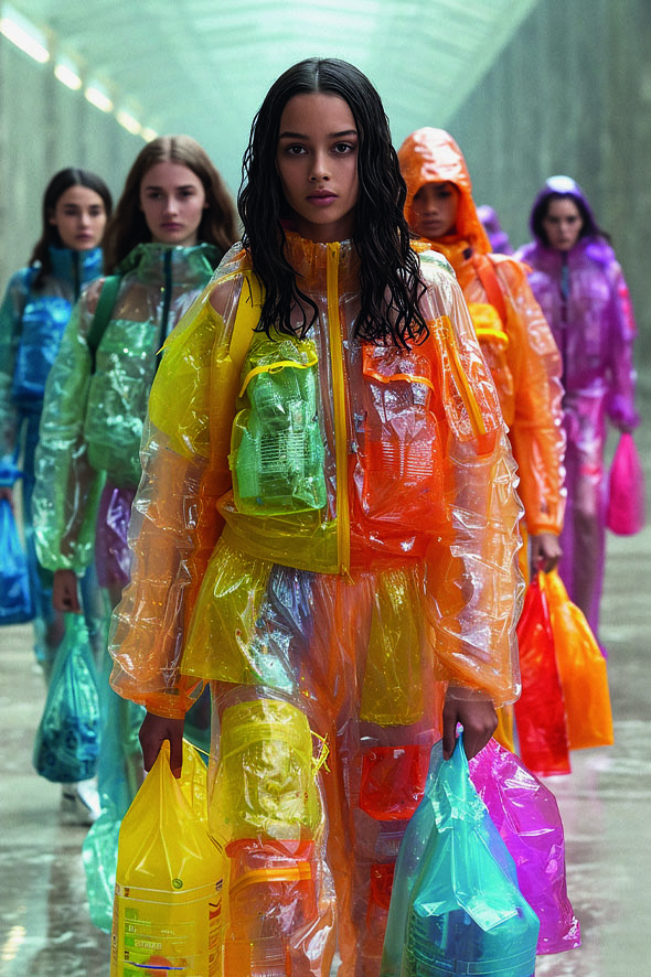 People wearing multicoloured plastic clothing.