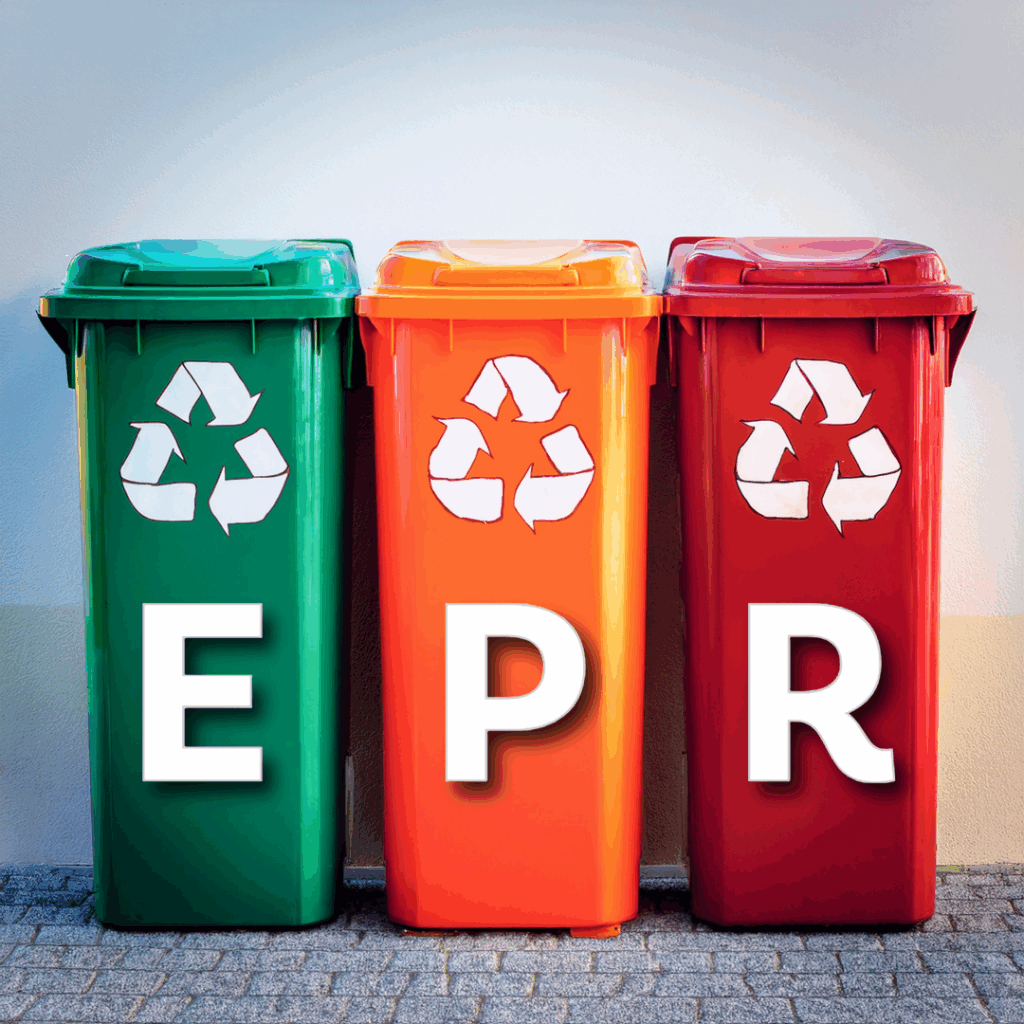 Green, orange and red recycling bins with EPR letters on them.