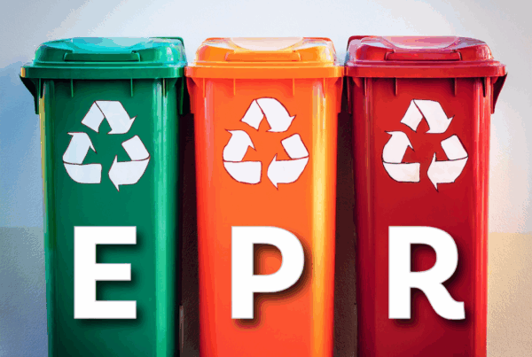 Green, orange and red recycling bins with EPR letters on them.